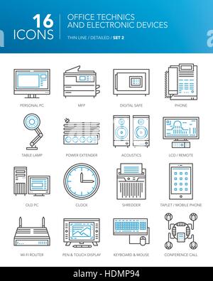 Dettagliata linea sottile le icone per il business. Office technics e dispositivi elettronici. PC, MFP, lampada, orologio, acustica, tablet, smartphone e altri dispositivi. Illustrazione Vettoriale