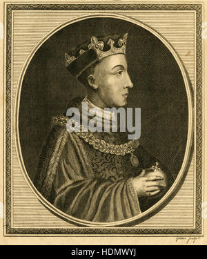 Antica incisione 1785, Re Enrico V. Enrico V (1386-1422) era re d'Inghilterra dal 1413 fino alla sua morte, all'età di 36 nel 1422. Egli fu il secondo monarca inglese che è venuto dalla casa di Lancaster. Fonte: incisione originale. Foto Stock