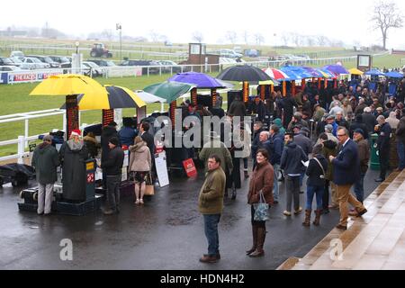 Frequentatori di gara sono visibili in prossimità del traguardo a Plumpton racecourse in East Sussex. Foto Stock