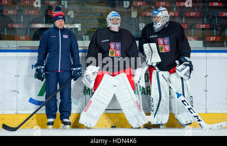 Praga, Repubblica Ceca. Xiii Dec, 2016. Da sinistra goalie allenatore della nazionale ceca squadra di hockey Petr Jaros, portieri Pavel Francouz e Roman in azione durante la sessione di formazione tecnica per il canale una tazza nel torneo di Mosca e di Helsinki in Praga Repubblica Ceca, Dicembre 13, 2016. Il torneo verrà giocato su dicembre 15-18. I cechi si gioca la Finlandia a Helsinki il Giovedi, Dicembre 15. Poi, si sposterà a Mosca e a riprodurre la Russia il venerdì. Sabato suoneranno in Svezia. © Vit Simanek/CTK foto/Alamy Live News Foto Stock