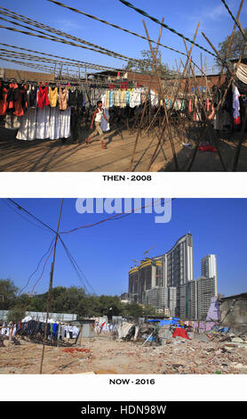 Novembre 22, 2008 - Mumbai, Maharashtra, India - DhobiGhat, Mumbai - India..Poi nel 2008 - Un dhobi (washerman) passeggiate attraverso le corde di asciugatura al Dhobi Ghat quartiere Mahalaxmi a. Queste corde di essiccazione sono state ripartite per fare ora modo di baraccopoli ora di riabilitazione nel 2016. (Credito Immagine: © Subhash Sharma via ZUMA filo) Foto Stock