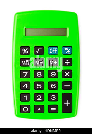 Green office calculator isolati su sfondo bianco, dispositivo per calcolare i numeri Foto Stock