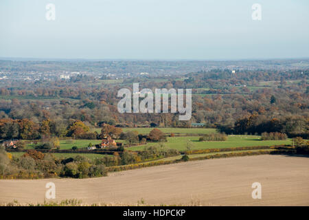 Una vista di campi e boschi nel tardo autunno con alcuni alberi colorati dal Berkshire Downs verso Newbury Foto Stock