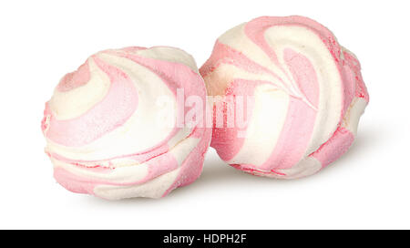 Due bianchi e rosa marshmallows reciprocamente isolati su sfondo bianco Foto Stock