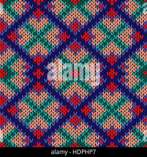 Lavorato a maglia con sfondo colorato rhombus ornamento in rosso, beige, blu e sfumature turchesi, seamless knitting pattern del vettore come un tessuto texture Illustrazione Vettoriale