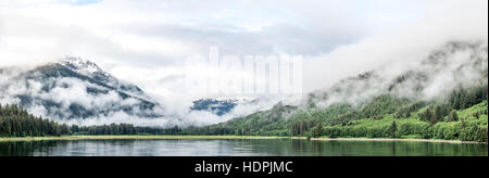 Una tranquilla Vista panoramica della foresta pluviale Tongass da una barca. Foto Stock