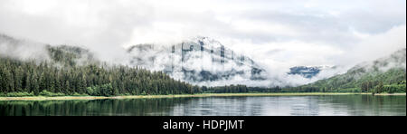 Una tranquilla Vista panoramica della foresta pluviale Tongass da una barca. Foto Stock