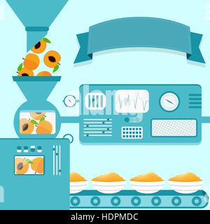 Illustrazione Vettoriale della fabbrica di produzione di crema di pesche. Crema di pesche dalla produzione di pesche fresche di frutta. Nastro vuoto per inserire il testo. Illustrazione Vettoriale