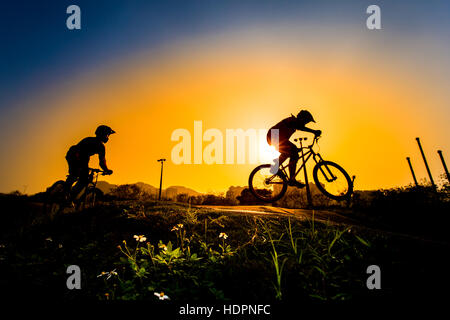 Silhouette di Stunt rider BMX - tono di colore sintonizzata Foto Stock