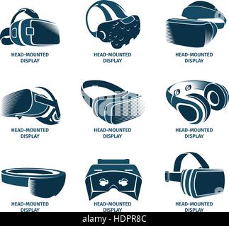 Isolato auricolare vr logotipo set. Casco di realtà virtuale e ciò logo. Testa-montato sull icona Display collezione. dispositivo. Futuristico elemento di gioco. Smartglasses simulazione di illustrazione vettoriale . Illustrazione Vettoriale