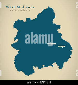 Mappa moderno - West Midlands, Regno Unito Inghilterra illustrazione Foto Stock