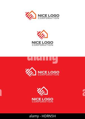 Il logo della casa con tetto, tag e freccia rossa Illustrazione Vettoriale