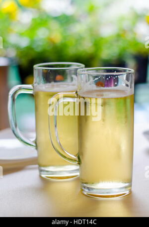 Due bicchieri di birra su un tavolo nella luce diurna Foto Stock