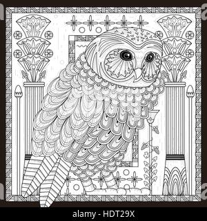 Splendido il gufo pagina colorazione design in stile Egitto Illustrazione Vettoriale