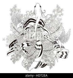 Elegante colorazione pesce pagina con elementi floreali in linea di squisita Illustrazione Vettoriale