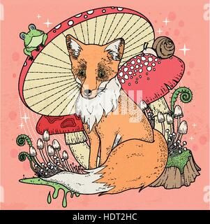 Adorabili fox pagina di colorazione con funghi in linea di squisita Illustrazione Vettoriale