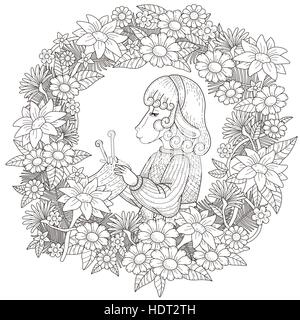 Adorabili pecore pagina di colorazione con elementi floreali in linea di squisita Illustrazione Vettoriale