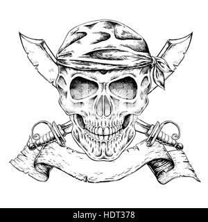 Disegnato a mano il cranio del pirata in stile squisito Illustrazione Vettoriale