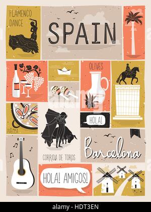 Concetto di viaggio di Spagna in appartamento stile di design Illustrazione Vettoriale