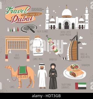 Concetto di viaggio di Dubai in delizioso stile piatto Illustrazione Vettoriale