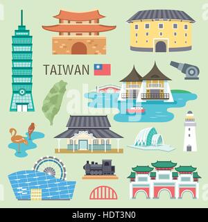 Incantevoli attrazioni Taiwan raccolta nel design piatto Illustrazione Vettoriale