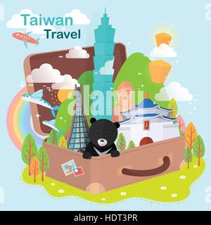 Fantastiche attrazioni di Taiwan design - punti di riferimento della valigia Illustrazione Vettoriale