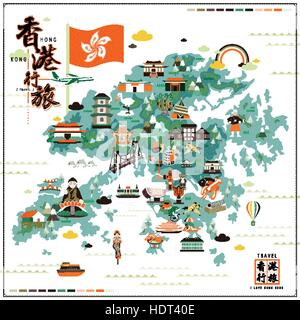 Attraente Hong Kong mappa di viaggio con attrazioni di icone nel design piatto Illustrazione Vettoriale