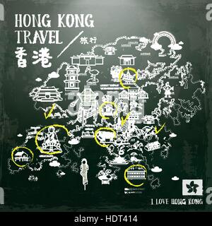 Creative Hong Kong Viaggi mappa disegnata sulla lavagna Illustrazione Vettoriale