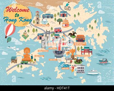 Attraente Hong Kong mappa di viaggio con attrazioni di icone nel design piatto Illustrazione Vettoriale