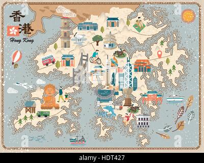 Attraente Hong Kong mappa di viaggio con attrazioni di icone nel design piatto Illustrazione Vettoriale