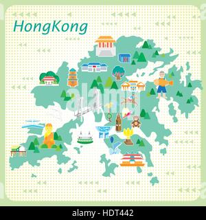 Attraente Hong Kong mappa di viaggio in uno stile piatto Illustrazione Vettoriale