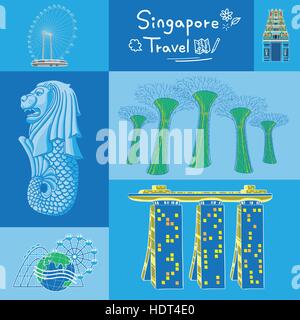 Singapore devono vedere attrazioni raccolta nel design piatto Illustrazione Vettoriale