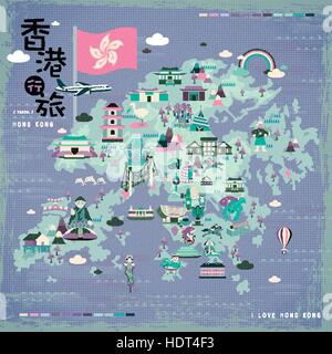 Bella Hong Kong mappa di viaggio con attrazioni a design piatto - Parte superiore a sinistra del titolo è di Hong Kong viaggi in parola cinese Illustrazione Vettoriale