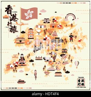 Bella Hong Kong mappa di viaggio con attrazioni a design piatto - parte superiore sinistra e inferiore destra sono titoli di Hong Kong viaggi in parola cinese Illustrazione Vettoriale