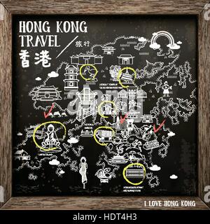 Creative Hong Kong mappa di viaggio sulla lavagna - parte superiore a sinistra del titolo è di Hong Kong in parola cinese Illustrazione Vettoriale