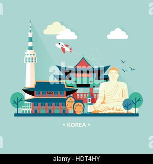 Adorabili South Korea Travel concept design con colorate attrazioni Illustrazione Vettoriale
