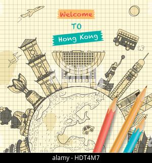 Creative Hong Kong Viaggi design in stile di disegno Illustrazione Vettoriale