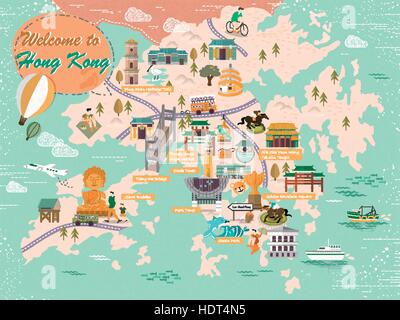 Bella Hong Kong mappa design in design piatto Illustrazione Vettoriale