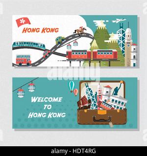 Creative Hong Kong Viaggi attrazioni banner in design piatto Illustrazione Vettoriale