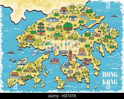 Bella disegnati a mano Hong Kong mappa di viaggio Illustrazione Vettoriale