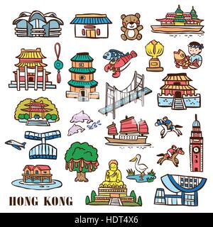 Bella disegnati a mano Hong Kong Viaggi raccolta di elementi Illustrazione Vettoriale