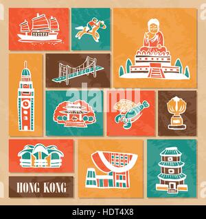 Bella disegnati a mano Hong Kong Viaggi raccolta di elementi Illustrazione Vettoriale