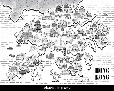 Semplicità disegnati a mano Hong Kong mappa di viaggio in bianco e nero Illustrazione Vettoriale