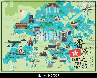 Bella Hong Kong viaggi sulla mappa in stile piatto - abbassare la parola giusta è Hong Kong viaggi in parola cinese Illustrazione Vettoriale