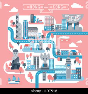 Attraente Hong Kong Viaggi mappa design in stile piatto Illustrazione Vettoriale