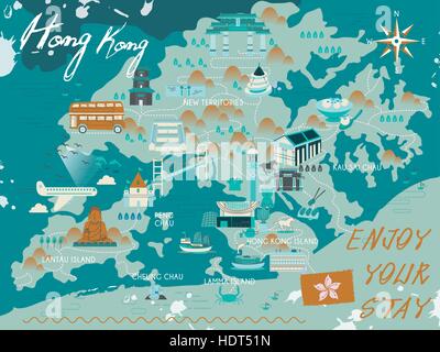 Adorabili Hong Kong mappa di viaggio in design piatto Illustrazione Vettoriale