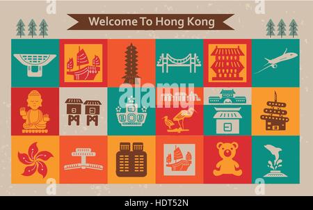 Colorata Hong Kong Viaggi collezioni in stile piatto Illustrazione Vettoriale