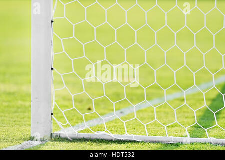 Obiettivo calcio post e net dettaglio sul tappeto erboso verde Foto Stock