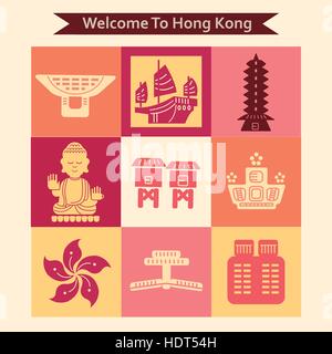 Colorata Hong Kong Viaggi collezioni in stile piatto Illustrazione Vettoriale