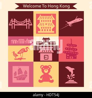 Colorata Hong Kong Viaggi collezioni in stile piatto Illustrazione Vettoriale